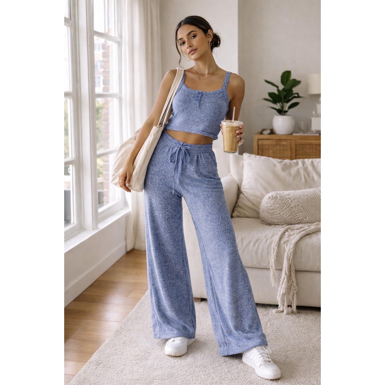 Zenana Blue Lounge Set S Wide Leg Pants Crop Tank Soft Cozy Matching Set Nib